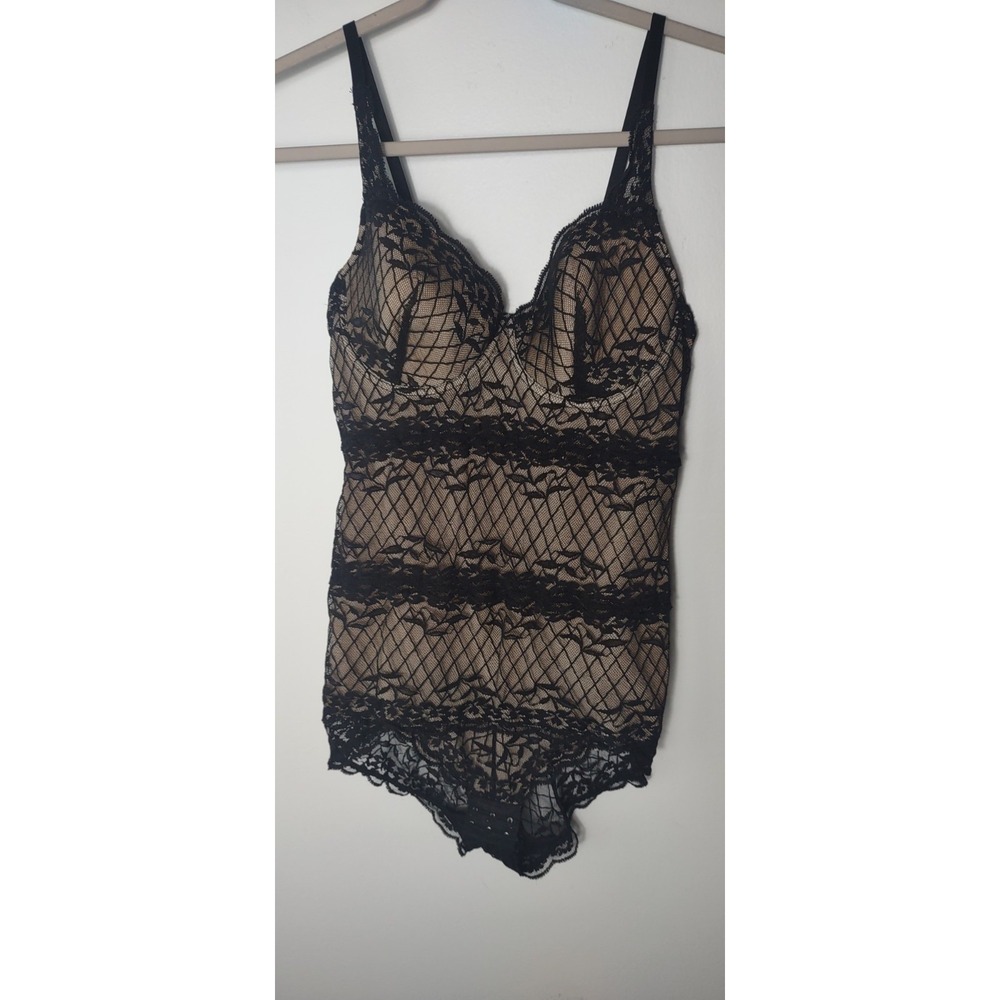 Lace Bodysuit Large Romantic Black Sheer Floral Motif Deep Sweetheart Neckline‎